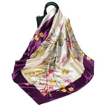 

90cm Butterfly Flower Women Silk Scarf Winter Brand Square Scarf Female Bandana Fashion Shawl Kerchief Scarves For Ladies