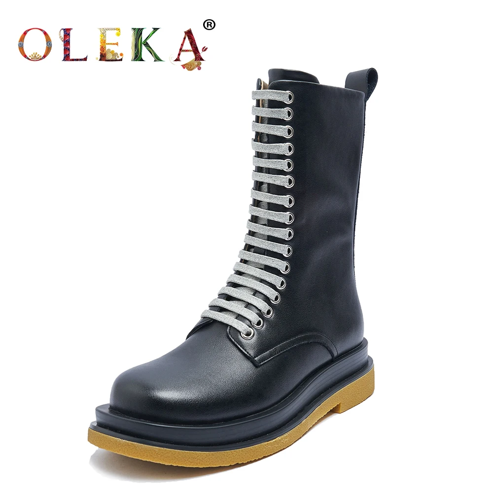 

OLEKA Mid-calf Winter Leather Boots Women Platform Rome Round Toe Boots For Women Leisure Style Motorcycle Boots New AS617
