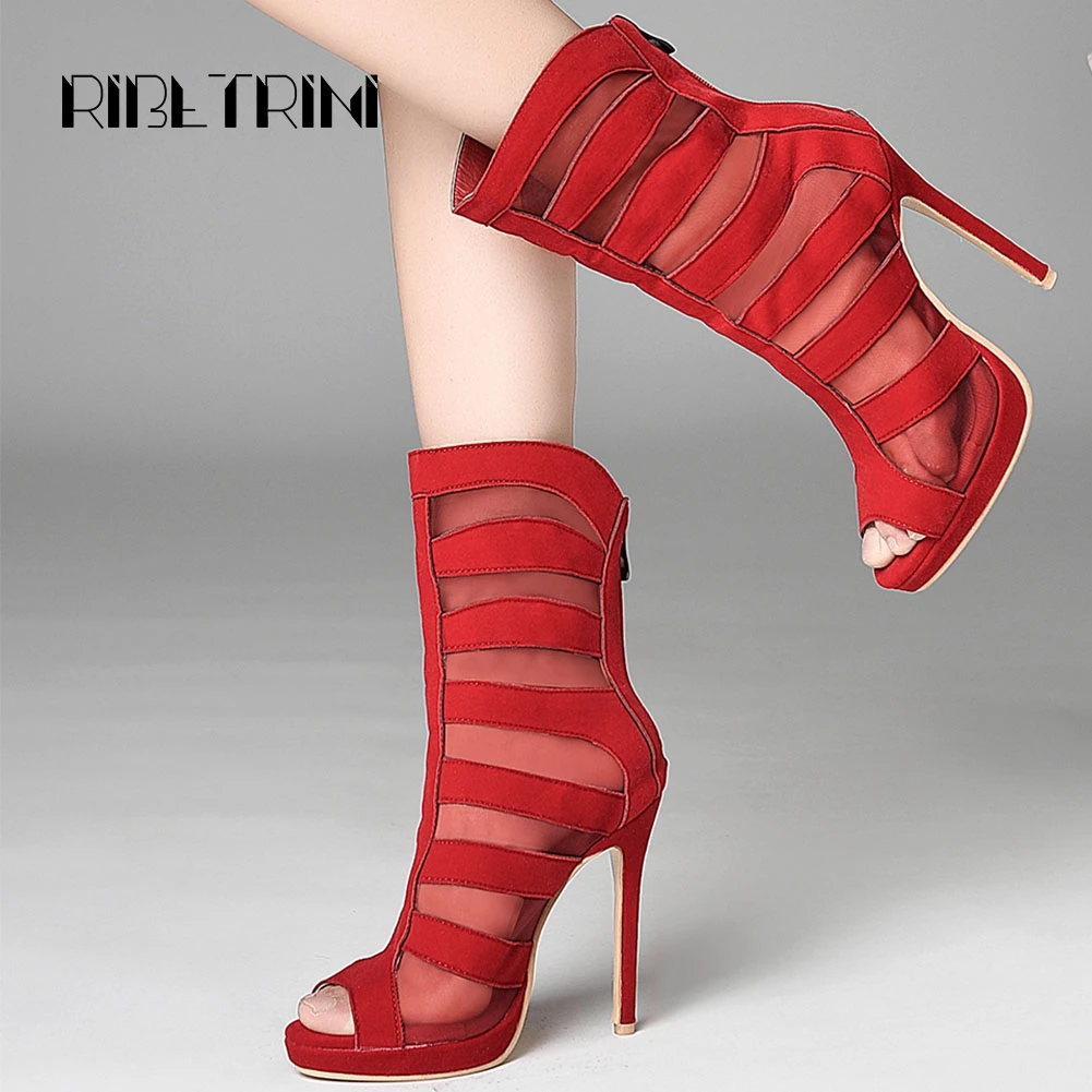 

RIBETRINI Women Summer Boots Sexy Mesh Upper Mid Calf Boots Open Toe High Heel Boots Zipper Platform Boots Big Size 28-54