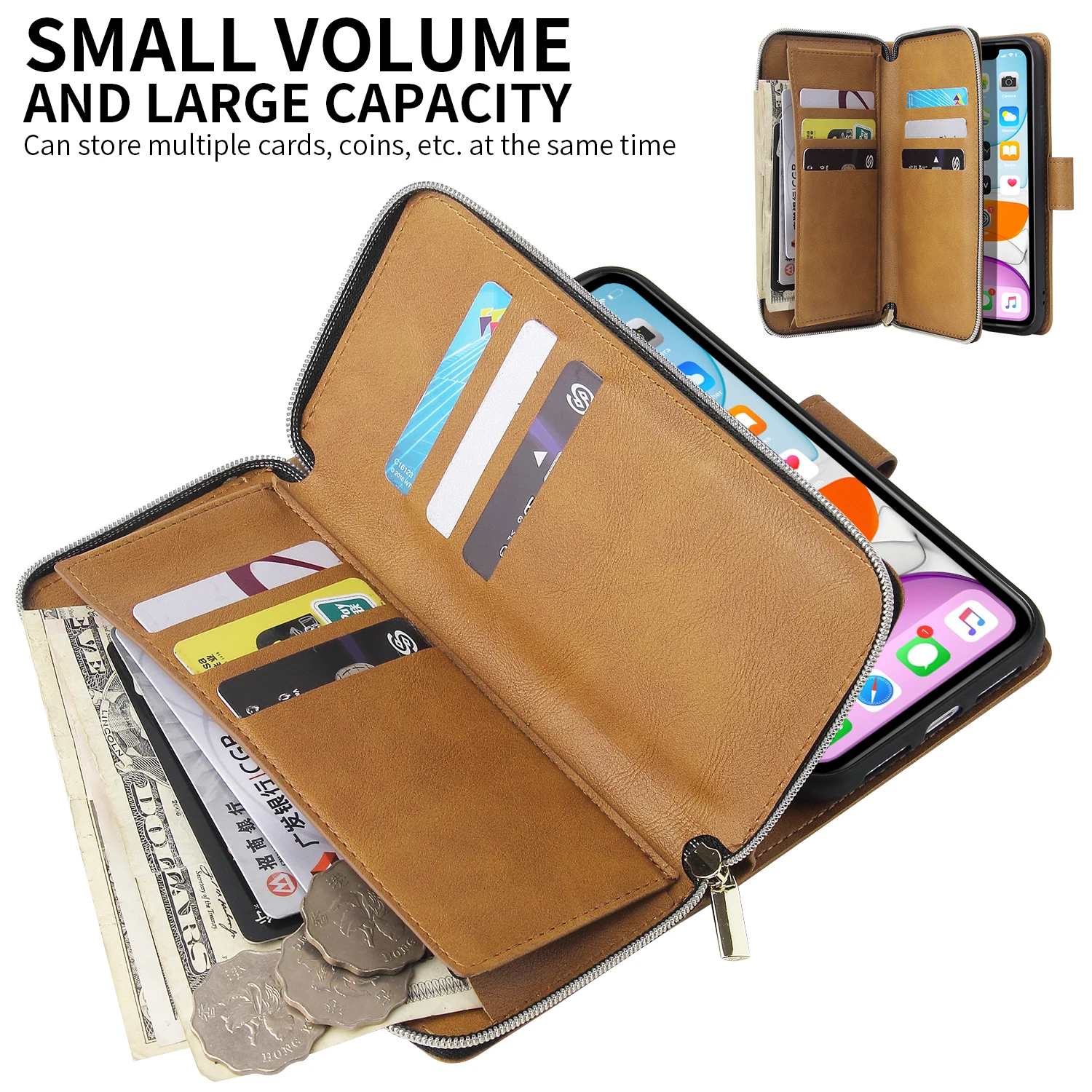 Luxury Leather Flip Wallet Phone Case with Card Slots and Zipper