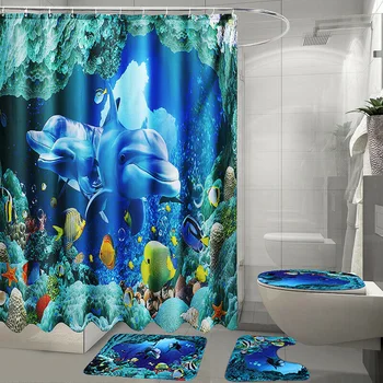 

Ocean Sea Dolphin Swimming Fabric Shower Curtain Set Waterproof Carpet Floor Foot Pads Replacement Bathroom Products