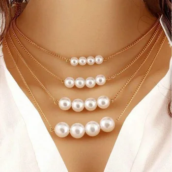Collar multicapa de Color dorado a la moda con Perlas simuladas para mujer, cadenas de dijes, collar de joyería para mujer, Perlas, Gargantilla, Collares
