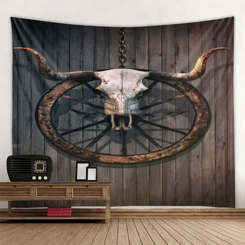 

Bull skull on wooden board background tapestry digital printing background hanging cloth digital printing can be customized