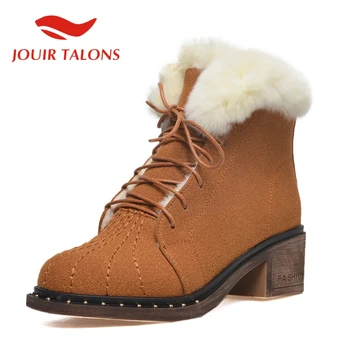 

JOUIR TALONS Hot Sale Winter Snow Plush Keep Warm Ankle Women Boots Round Toe Cross-tied Square Thick Heels 5.5 cm women shoes