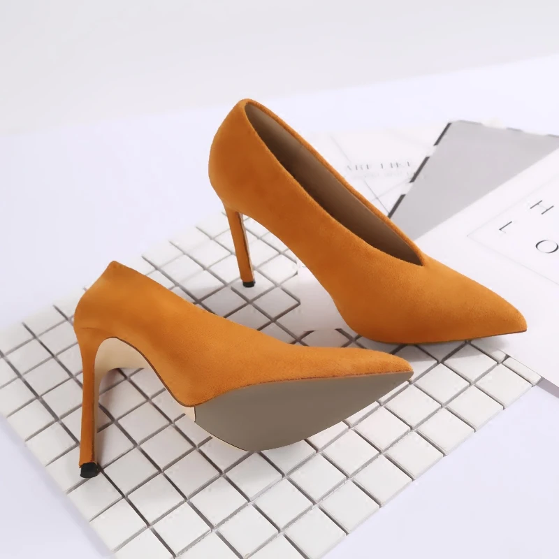 

Europe and America Sexy Deep V Design High Heels Stiletto Womens Shoes Suede Pointed Toe Single Shoes Elegant Party Dress Pumps