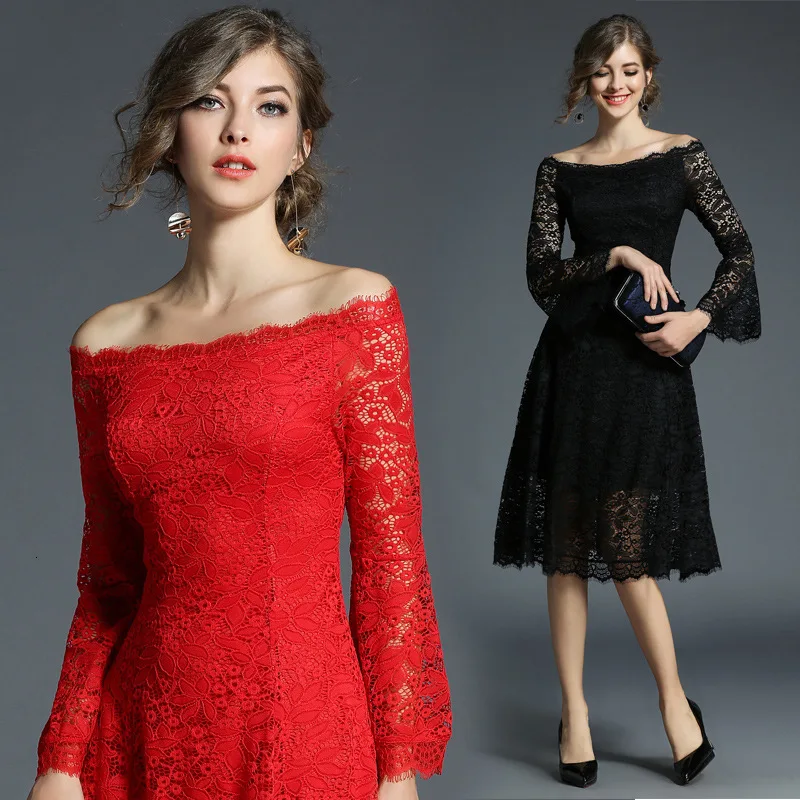 

BacklakeGirls Off Shoulder Lace Cocktail Dress Long Sleeves A Line Cut Out Three Colors Vestido Fiesta Robe De Soiree Rouge 2020