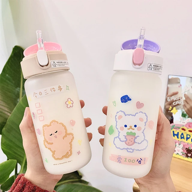 Cute Kawaii Frosted Sippy Glass Water Bottle Korean Cartoon Bounce Cover  Cups Portable Leakproof Girl Straw Water Cup For Kids - AliExpress