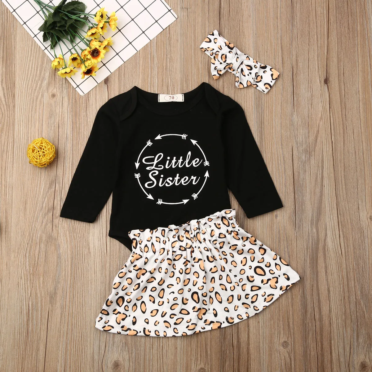 

Pudcoco Newborn Baby Girl Clothes Little Sister Letter Print Romper Tops Leopard Print Mini Skirt Headband 3Pcs Outfits Clothes