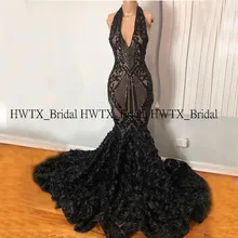 Длинные черные платья для выпускного вечера Новые Блестящие Блестки 3D цветы розы Холтер Русалка африканские женские праздничные платья для выпускного вечера Индивидуальные