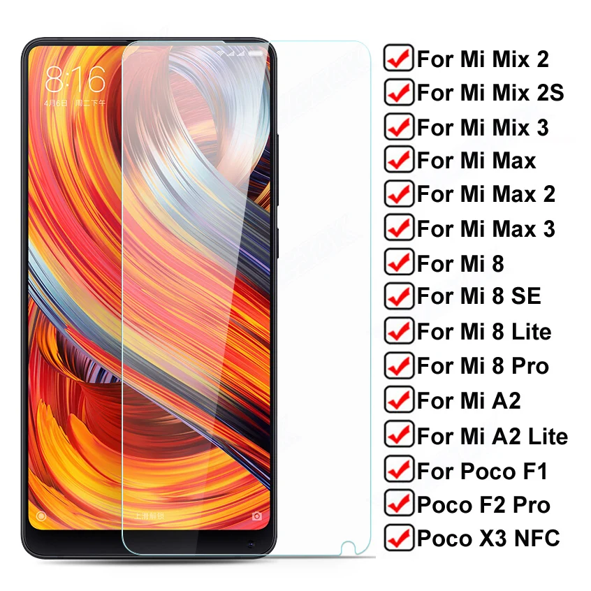 9H Tempered Glass For Xiaomi Mi Mix 2S Max 2 3 Screen Protector Glas 8 SE Lite Poco X3 NFC F1 F2 Pro Protective Film Case | Мобильные