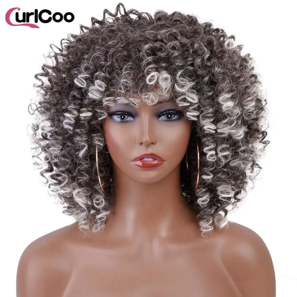 Short Afro Kinky Curly Wigs With Bangs For Black Women Synthetic Ombre Natural Heat Resistant Hair Brown Cosplay Highlight Wigs