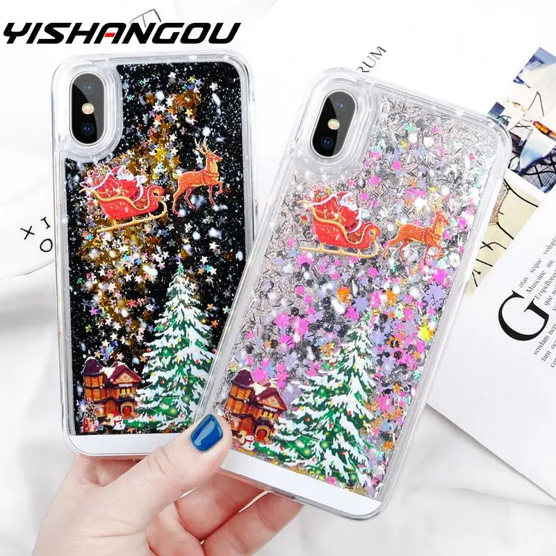 

YISAHNGOU Dynamic Quicksand Christmas Hard Case Cover For Apple iPhone XS X 10 8 7 6 Plus 6s 5 5S SE Phone Case Coque Fundas