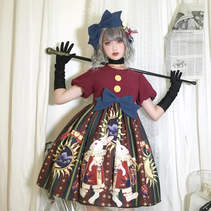 

Bunny in the Circus Vintage Printing Sweet Lolita Short Sleeve Party Dress Cosplay Women's BowKnot Princess Fancy Dolly Dress