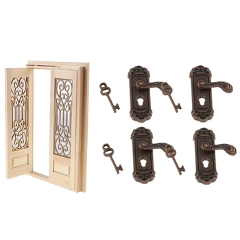 

4Pcs Doll House Door Lock 1:12 Alloy & 1Pcs 1:12 Doll House Miniature Double Open Sn Door Wooden