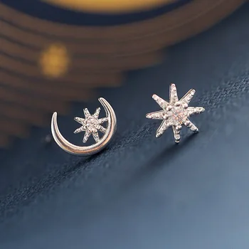 

XIYANIKE Prevent Allergy 925 Sterling Silver Party Stud Earrings for Women Couples Sparkling Moon Stars Asymmetry Jewelry Gifts