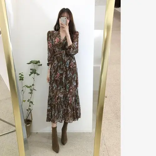 

2019 Autumn Ruffled Dresses Women Korean Flower Print Slim Waist A Line Pleated Bow Tie Sukienki Shirt Dress LJ301