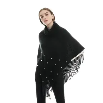 

hijab scarf Women Turtle Neck Faux Pearl Beading Knit Scarf Poncho Sweater Tassel Shawl Cape