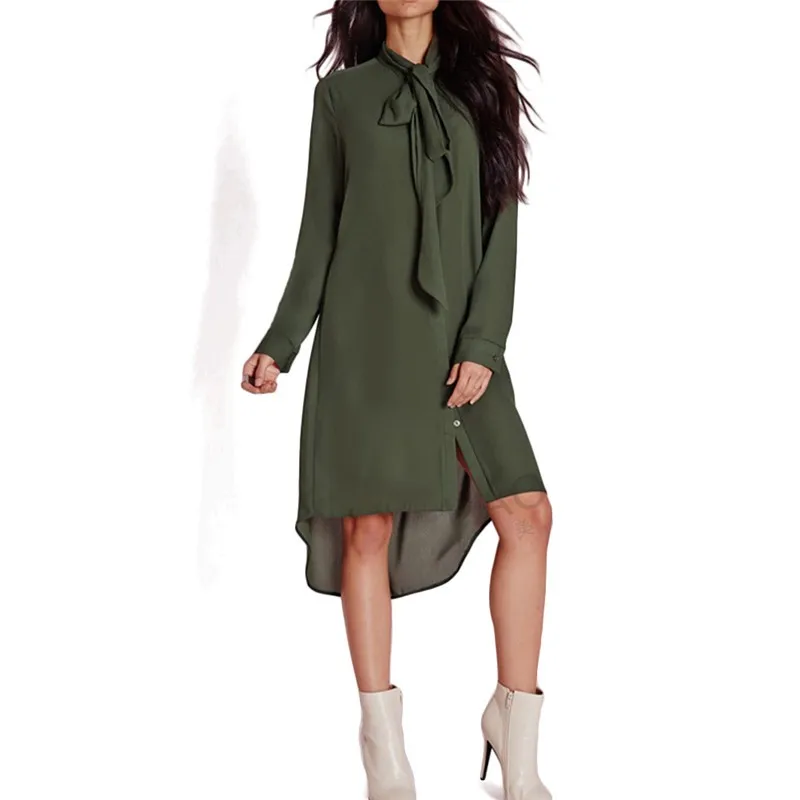 Новые рубашки с длинным рукавом, платья, Необычные элегантные шифоновые туники с галстуком-бабочкой, свободные осенние женские платья, модные офисные платья GV436 - Цвет: Army Green