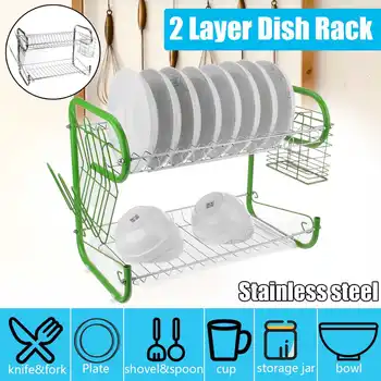 

2 Layer Dish Drainer Stainless Steel Art Kitchen Cutlery Drain Rack Utensils Storage Organizer Rustproof Dishes Plates Shelf