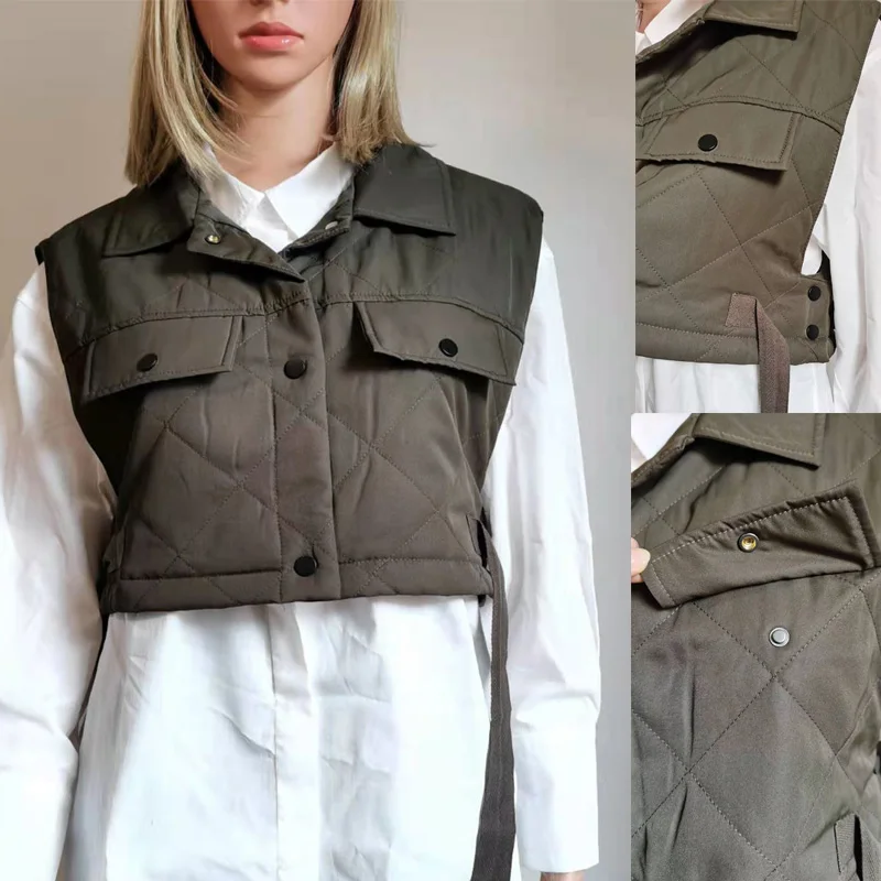 Womens Vest Army Green Lapel Sleeveless Jacket 2021 Fashion Large Pocket Design Waistcoat Streetwear Tops