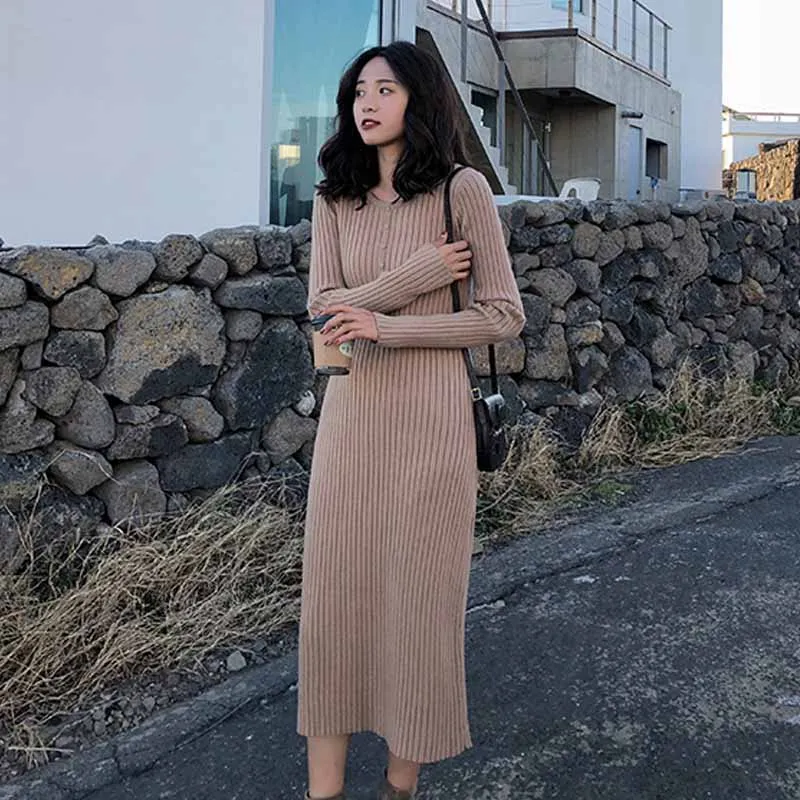 

2020 Autumn Winter Women Sweater Dress Korean Simple Long Sleeve Elegant Knitting Dress Vintage O Neck Lady Long Dress One-Piece