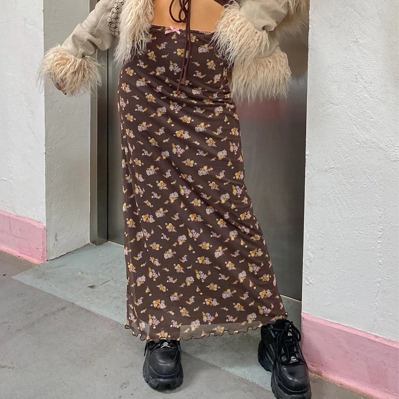 E Girl Retro Floral Print Midi Skirt Elegant Ladies Fairycore Grunge High Waist Ruffles Long