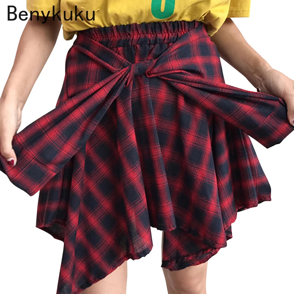 

Women Short Punk Harajuku Skirt Fashion Tartan Red Plaid Pleated Skirt Streetwear Asymmetrical Skirts Womens Casual Mini Skirt