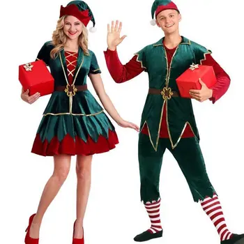 

Adult Christmas Costume Green Xmas Elf Santa Claus Couple Cosplay Carnival Macot Party Men Women Couple Suit Christmas