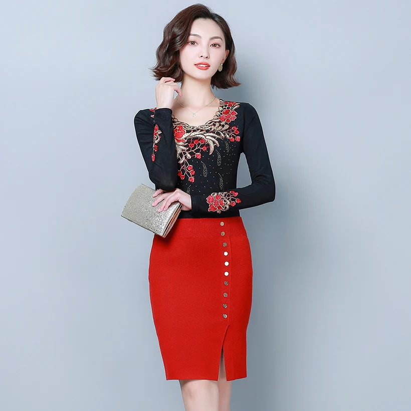 Blusas mujer de moda зимняя бархатная плотная черная блузка с длинным рукавом и цветочной вышивкой, рубашка размера плюс, Женские топы и рубашки