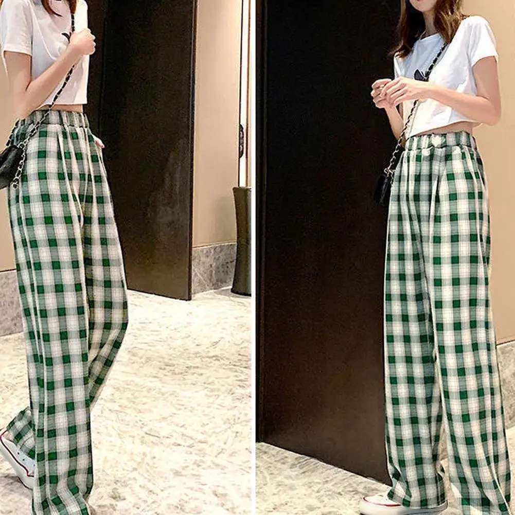 Women's Wide-leg Trousers Plaid Casual Mid-waist is Thinner and High-loose Fashion Mid-waist Trousers Dark Green Grid Pattern mother of the bride pant suits