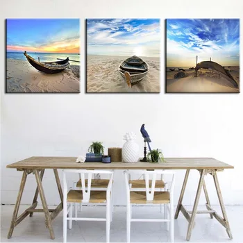 

Seascape Canvas Painting Sea Beach Boat Wall Art Poster and Prints Painting Wall Pictures for Home Living Room Decor