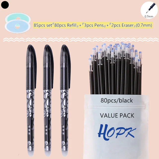 85Pcs/Set Blue Black Ink Gel Pen 0.5mm Erasable Refill Rod Erasable Pen Washable Handle School Writing Kawaii Stationery Gel Pen 0.7mm Black set A