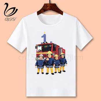 

Happy Birthday Tshirt Cartoon Fireman Sam Kids Clothes Girls T-shirt Birthday Present Children Clothing Boys Tshirts Baby Tees