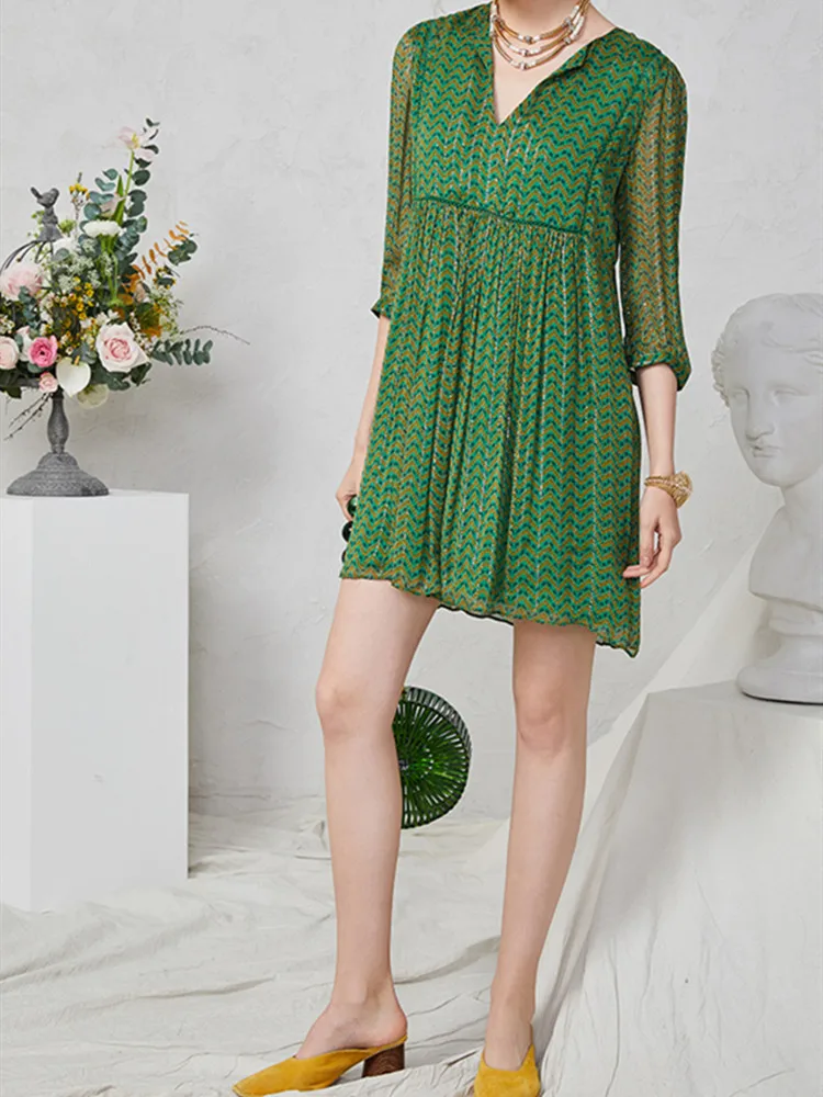 

Spring New Dress Loose Print Silk Dress Women V Neck French Style Mini Dress