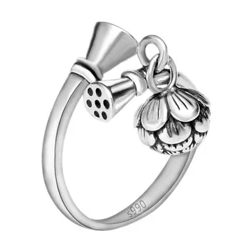 

2020 New 100% real Solid S999 pure silver ring for woman lotus bells Korean version of stylish Thai silver adjustable woman ring