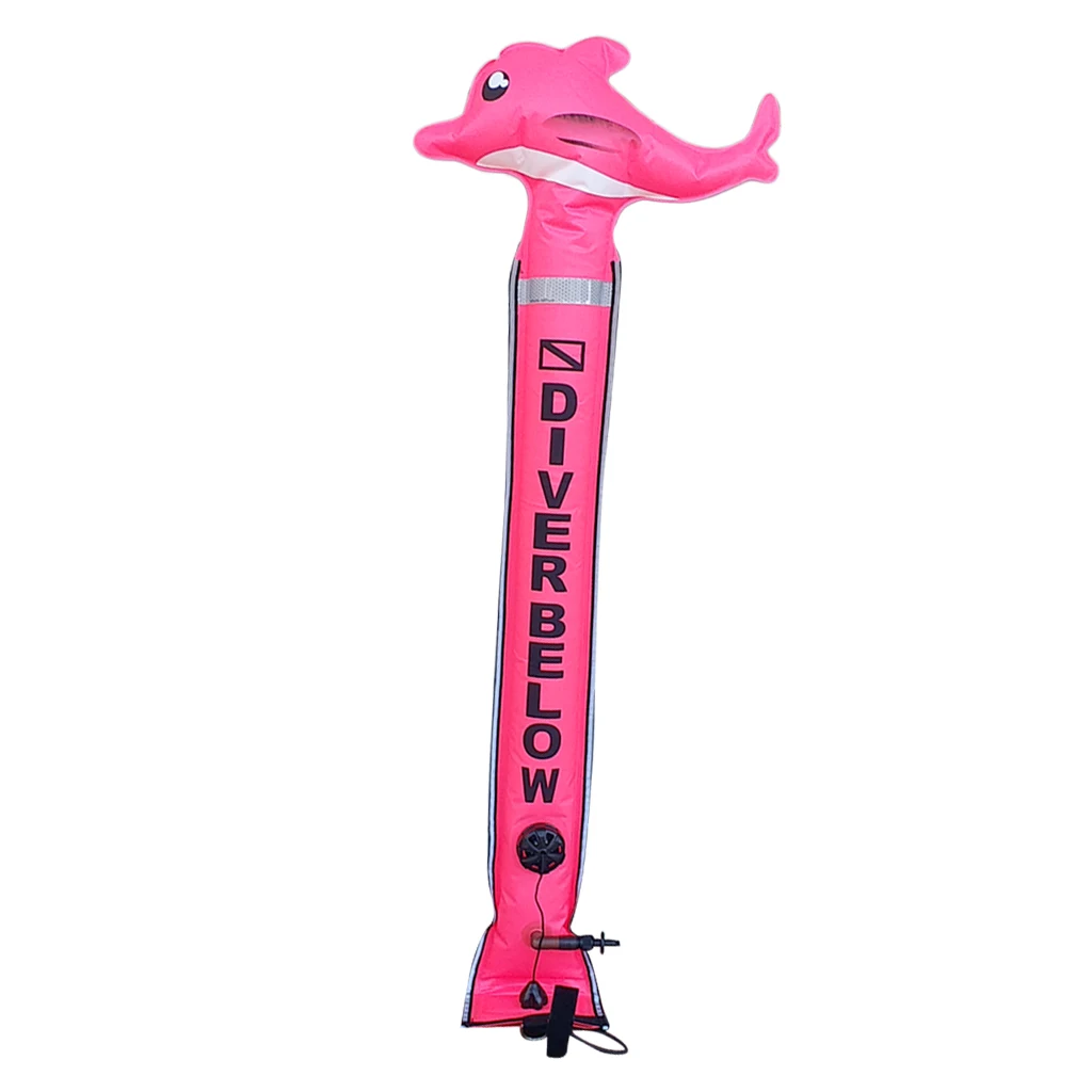 Scuba Diving Surface Marker Buoy Signal Tube Oral and Standard BC Hose Inflator, Cute Dolphin Design Multiple Colors & Sizes