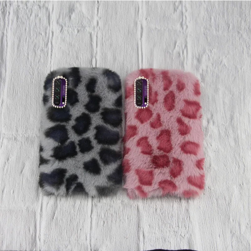 

Honor 20 Pro Case Luxury Leopard Rabbit fur Winter Keep Warm Shiny diamond TPU shockproof Back Cover For Honor 20 Pro Phone Case