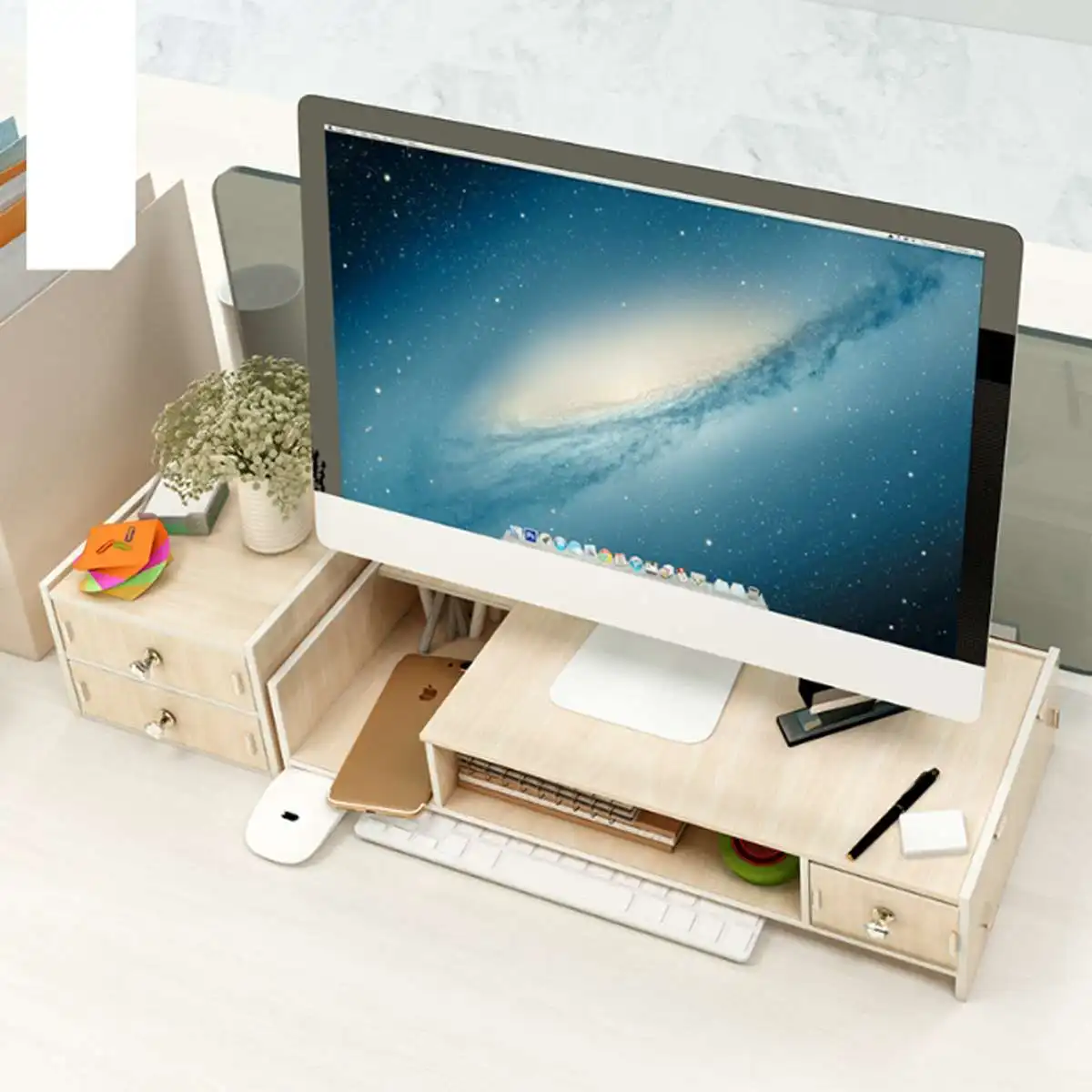 Multi-function Desktop Monitor Stand Computer Screen Riser Wood Shelf Plinth Strong Laptop Stand Desk Holder for Notebook TV