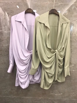 

2020 New Style for Autumn and Winter Women's Lapel Solid Color Decoration Irregular da v ling Long Loose Shirt 906