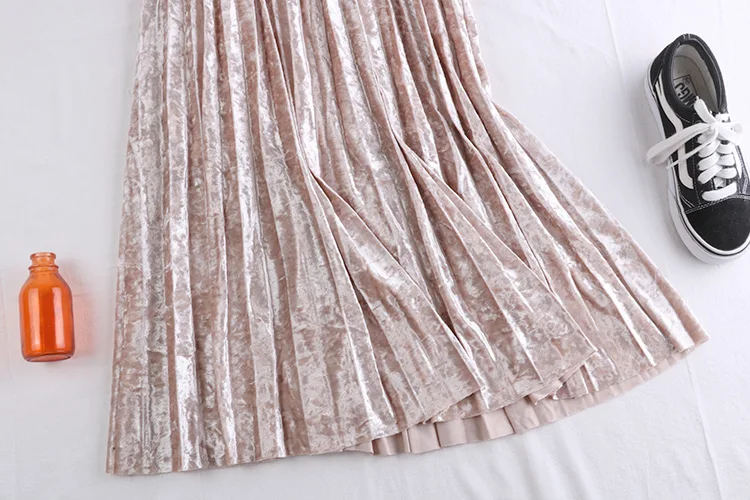 winter elastic stretchy high waist midi pleated a line velvet skirt for women warm thermal womens skirts ladies saia saias pink