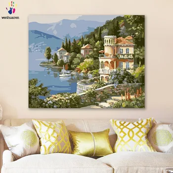 

DIY colorings pictures by numbers with colors Mountain villas, riverside scenery picture drawing painting by numbers framed