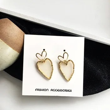 

S925 needle Sweet Double Heart Earrings Golden Plating Vintage Statement Resin Drop Earrings For Girls Women Gifts