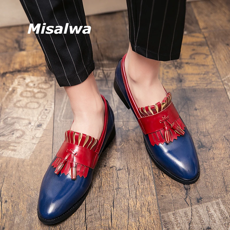 Misalwa-zapatos de vestir informales Oxford para hombre, calzado de fiesta de cuero con borlas de retales, azul y rojo, traje boda para novio, británico - AliExpress Calzado