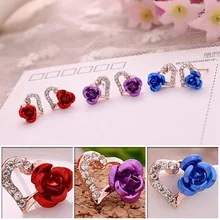 Горячая Мода Стразы золотого цвета серьги для женщин в форме сердца Красная роза цветок серьги-гвоздики подарок на день Святого Валентина