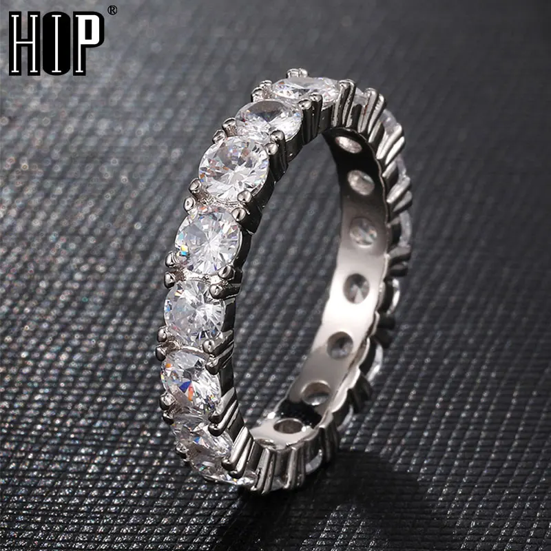 

Hip Hop 1 Row Full Iced Out Bling Cubic Zirconia Mens Women Rings Geometric Round Ring Gold Silver Color Rings For Men Jewelry