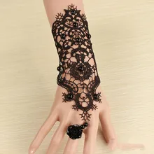 Nueva llegada Vintage negro encaje flores guantes para novia sin dedos anillo de aleación pulsera nupcial chicas fiesta sposa ST250