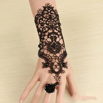 

New Arrival Vintage Black Lace Flowers Fingerless Bridal Gloves Alloy Ring Bridal Bracelet Girls Party sposa ST250