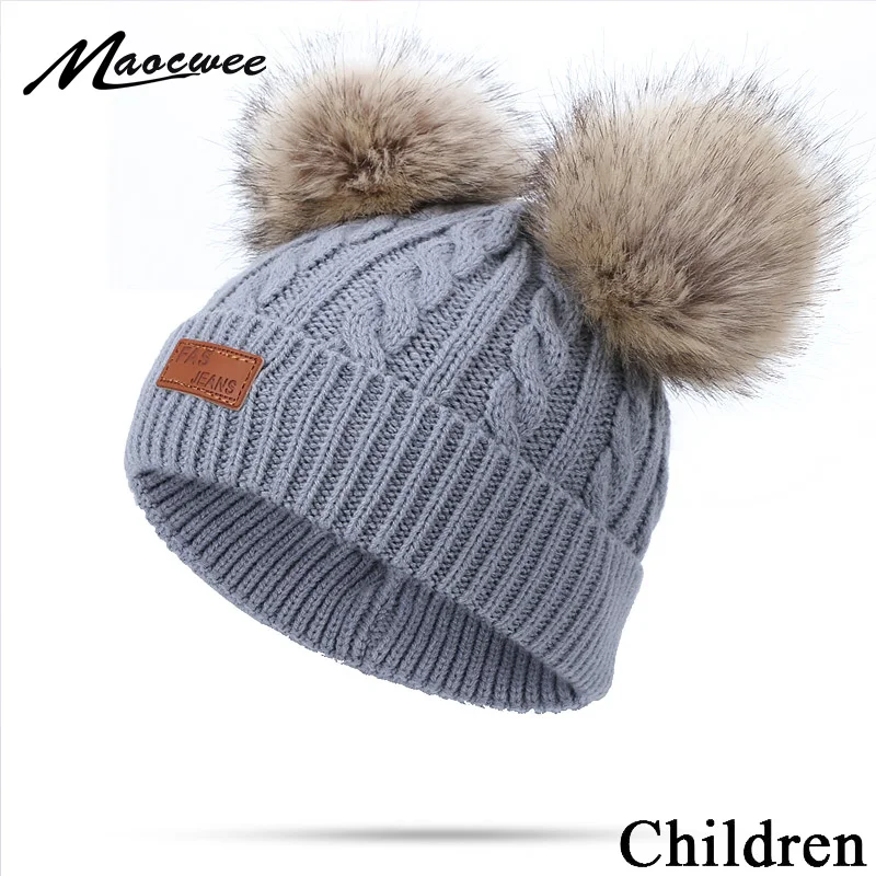 Модная зимняя двойная помпоновая шапочка, шапка для детей, милые вязаные теплые плотные мягкие шапочки Skullies для девочек и мальчиков, шапочка