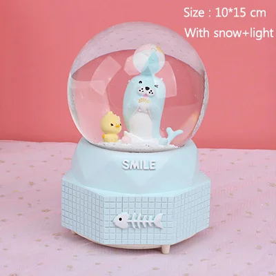 with light-snow Мультфильм морской лев хрустальный шар музыкальная шкатулка украшения аксессуары искусство ремесла свадебный декор украшения рыбья кость узор романтический - Цвет: with light-snow