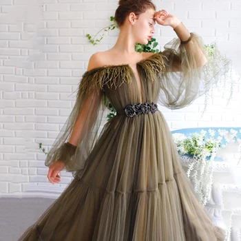 

Eightree 2020 Dark Green Evening Dresses Boat Neck A Line Long Sleeve Prom Dress Custom Made Specail Party Gown Robes De Soiree